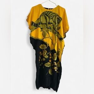 Vintage Elok Batik Yellow and Black Midi Dress with Animal Print Size OS